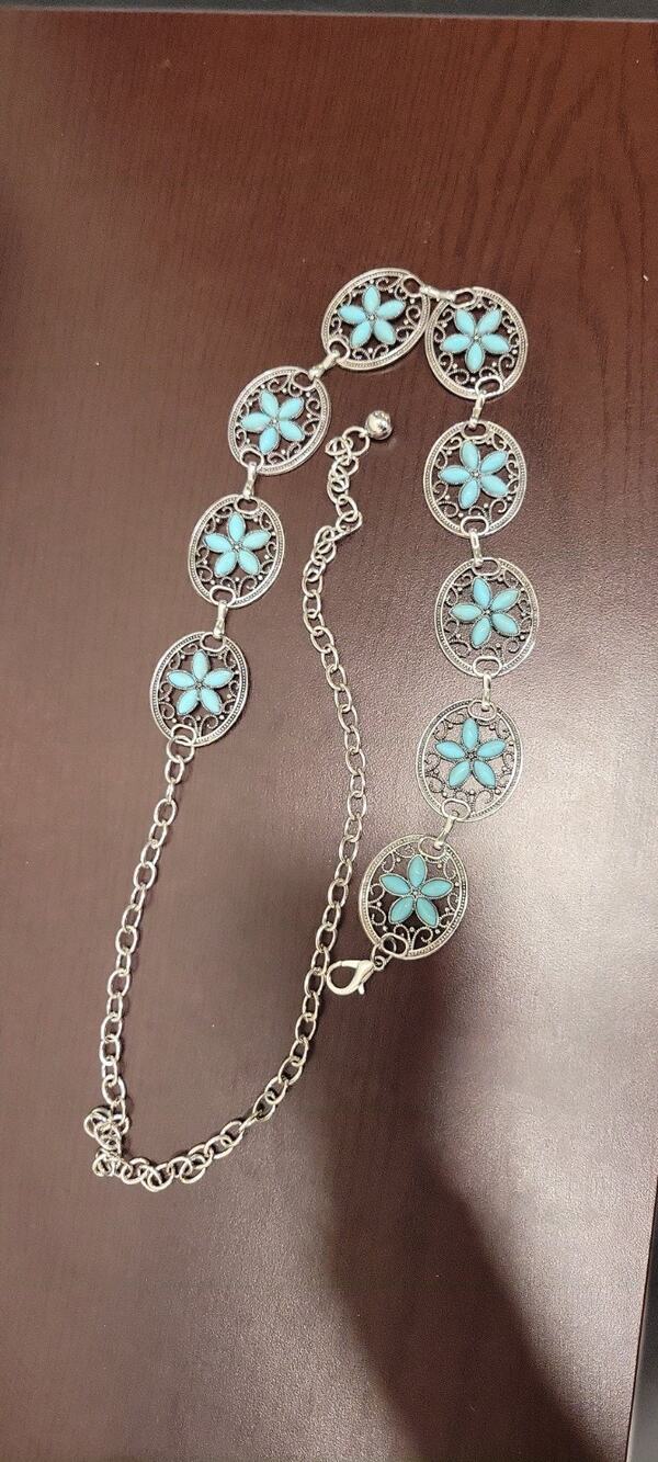 Women's Boho Western Turquoise Floral Concho Chain Belt Silver Tone Adjustable